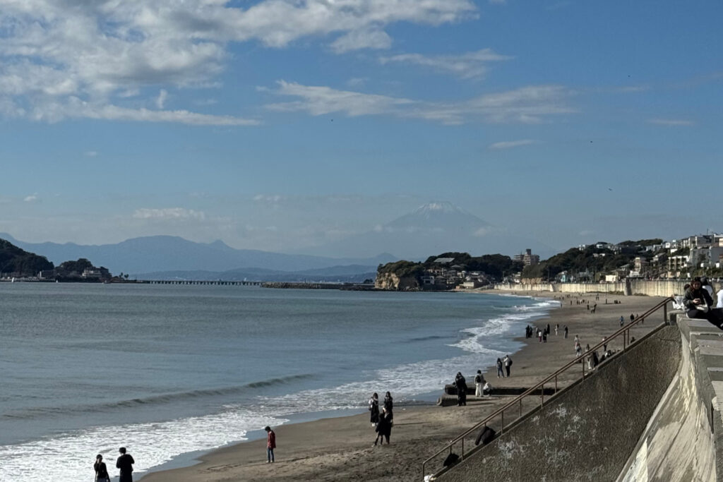 A view of Kamakura beach with Mt. Fuji in the background.