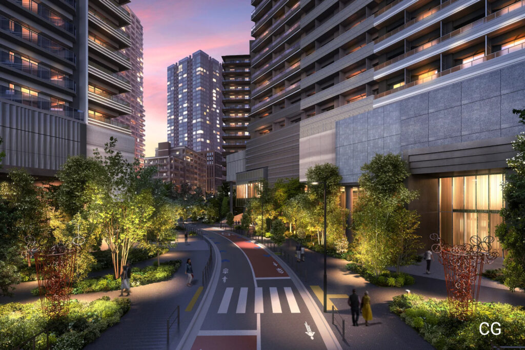 CGI of the new Park Court Azabujuban in Azabu, Minato, new tree lined access roads
