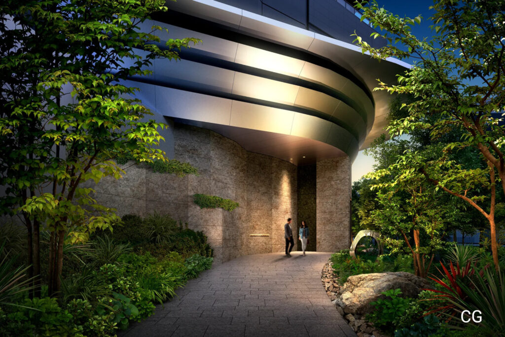 CGI of the new Park Court Azabujuban in Azabu, Minato, showing an architectural section of the ground floor exterior