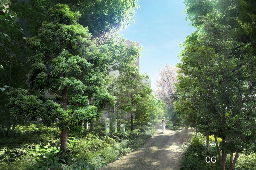 CGI of the new Park Court Azabujuban in Azabu, Minato, forest area