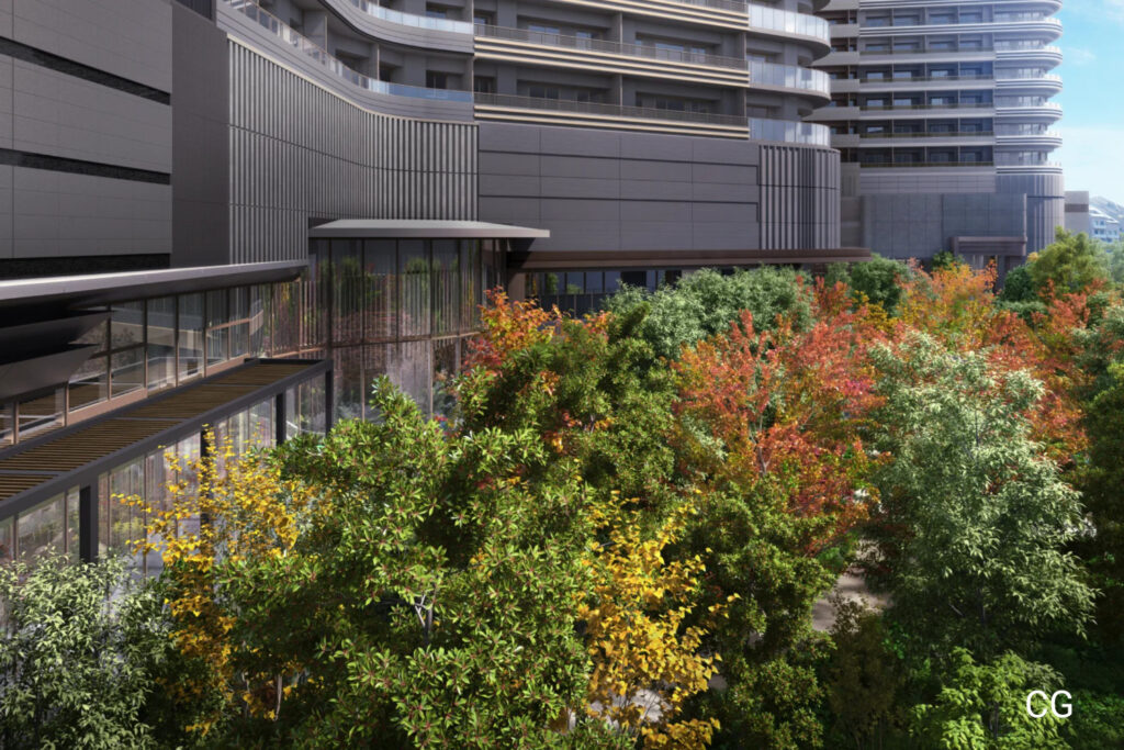 CGI of the new Park Court Azabujuban in Azabu, Minato, showing the entrance area with mature trees