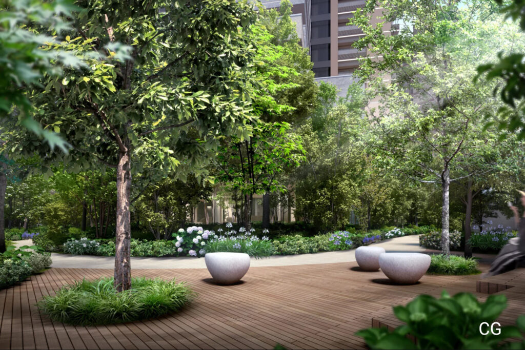 CGI of the new Park Court Azabujuban in Azabu, the ground flooe garden area