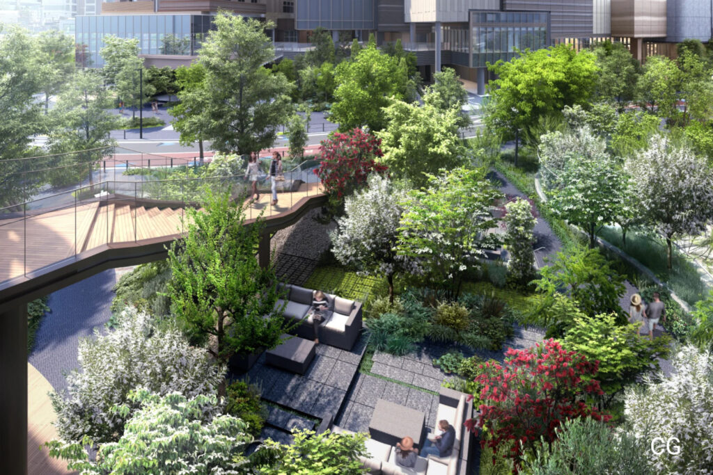 CGI of the new Park Court Azabujuban in Azabu, Minato, ground floor garden relaxing area