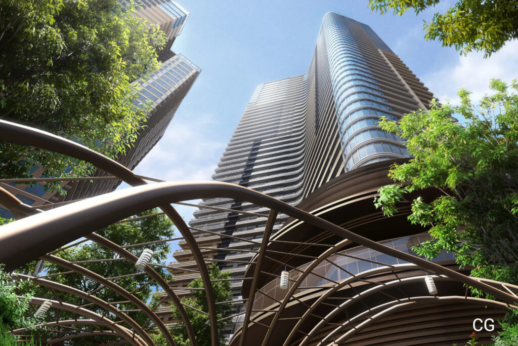 CGI of the new Park Court Azabujuban in Azabu, Minato, looking up from below.