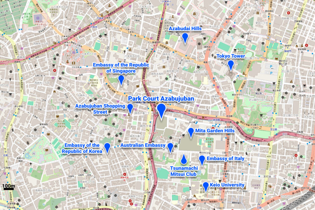 A map showing the location of the new Park Court Azabujuban luxury residences and nearby notable locations.