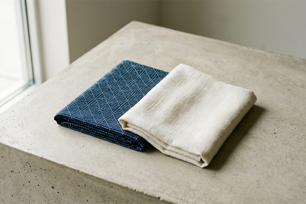 Hand-dyed indigo silk with a komon pattern folded beside a modern linen garment, illustrating traditional and modern Japanese clothing.
