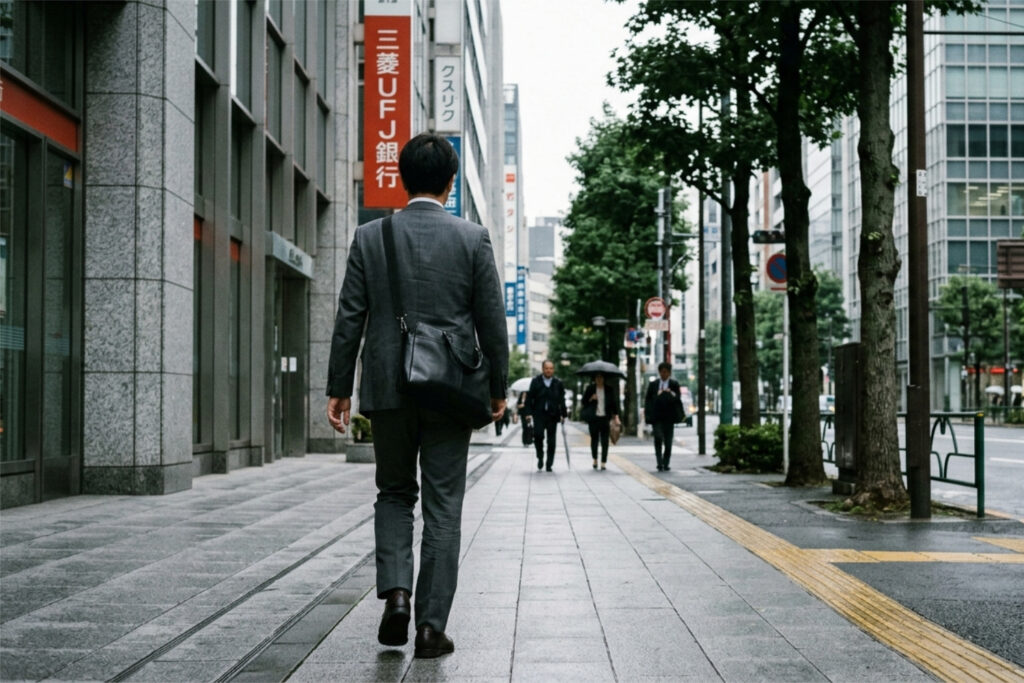 Rear view of a man in a charcoal suit walking through a Tokyo office district, illustrating traditional Japanese business dress.