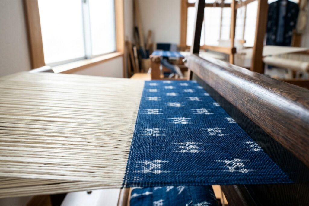 Close-up of indigo-dyed kasuri cotton on a wooden loom, showing the blurred pattern characteristic of the technique.