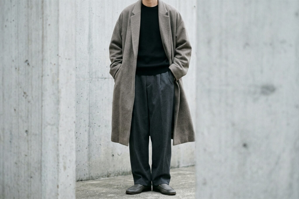 Layered contemporary Tokyo dress: an oversized grey coat over wide-leg trousers in a muted palette.