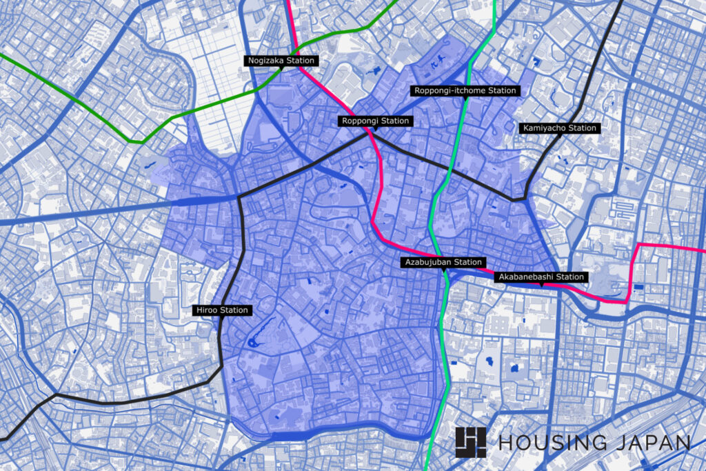 Map of subway stations in and around Azabu, Tokyo, including Azabu-Juban, Hiroo, Roppongi, Roppongi-itchome, Kamiyacho, Akabanebashi and Nogizaka, with the Namboku, Oedo, Hibiya and Chiyoda lines