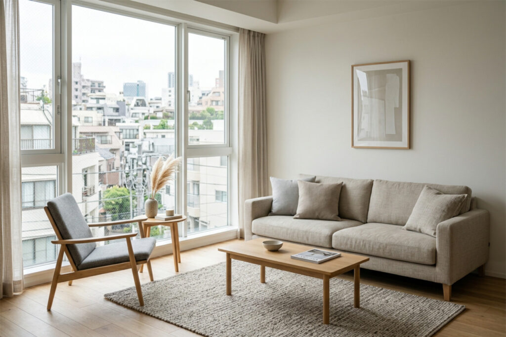 Furnished living room in a Tokyo condominium with daylight from a large window overlooking residential buildings.
