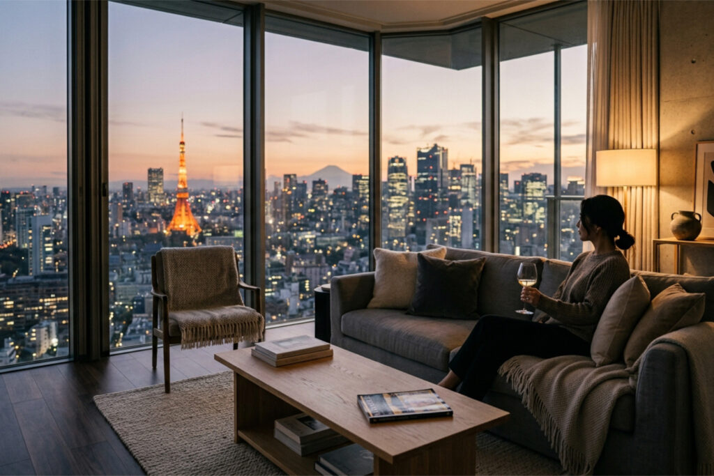 View over central Tokyo high-rise towers from a high-floor apartment at dusk