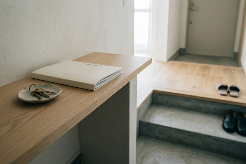 Keys and a folder of lease documents on a shelf in the entrance hall of a Tokyo apartment.